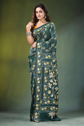 Handcrafted jungle green silk kantha stitch saree with allover floral design dark adorned 6