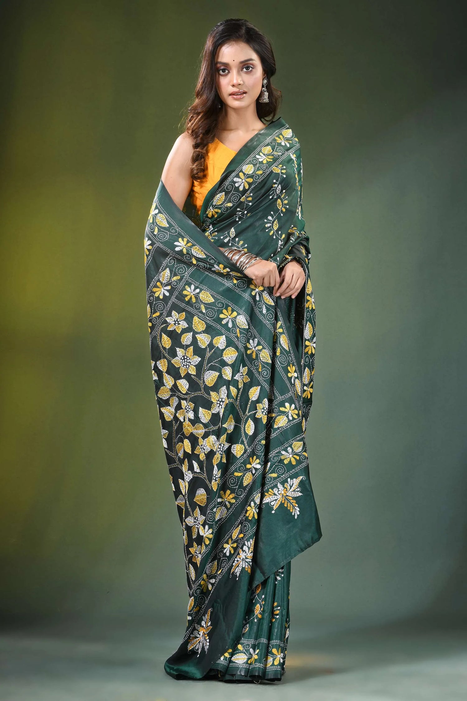Handcrafted jungle green silk kantha stitch saree with allover floral design dark adorned 4