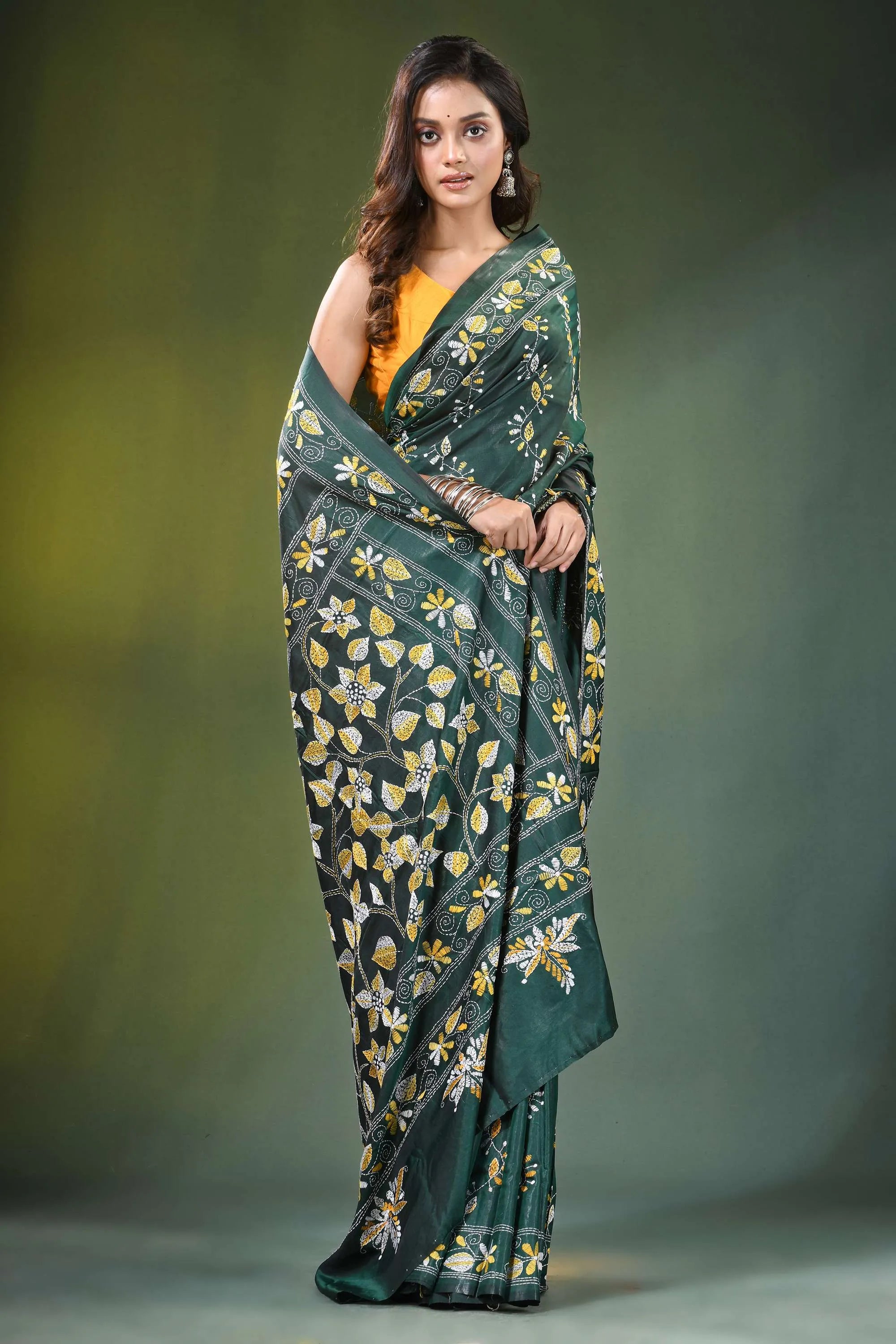 Handcrafted jungle green silk kantha stitch saree with allover floral design dark adorned 4