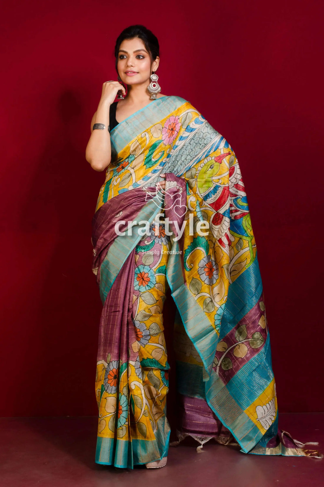 Handcrafted kalamkari deep blush pure tussar silk saree with zari border colorful silk saree 1