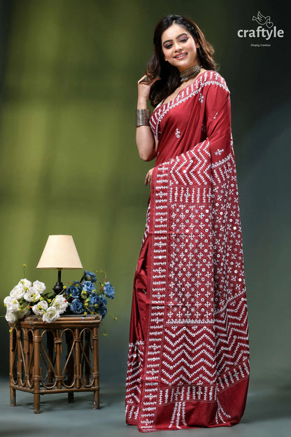 Handcrafted kutch embroidery silk saree in maroon - mirror work rich maroon saree intricate white 3
