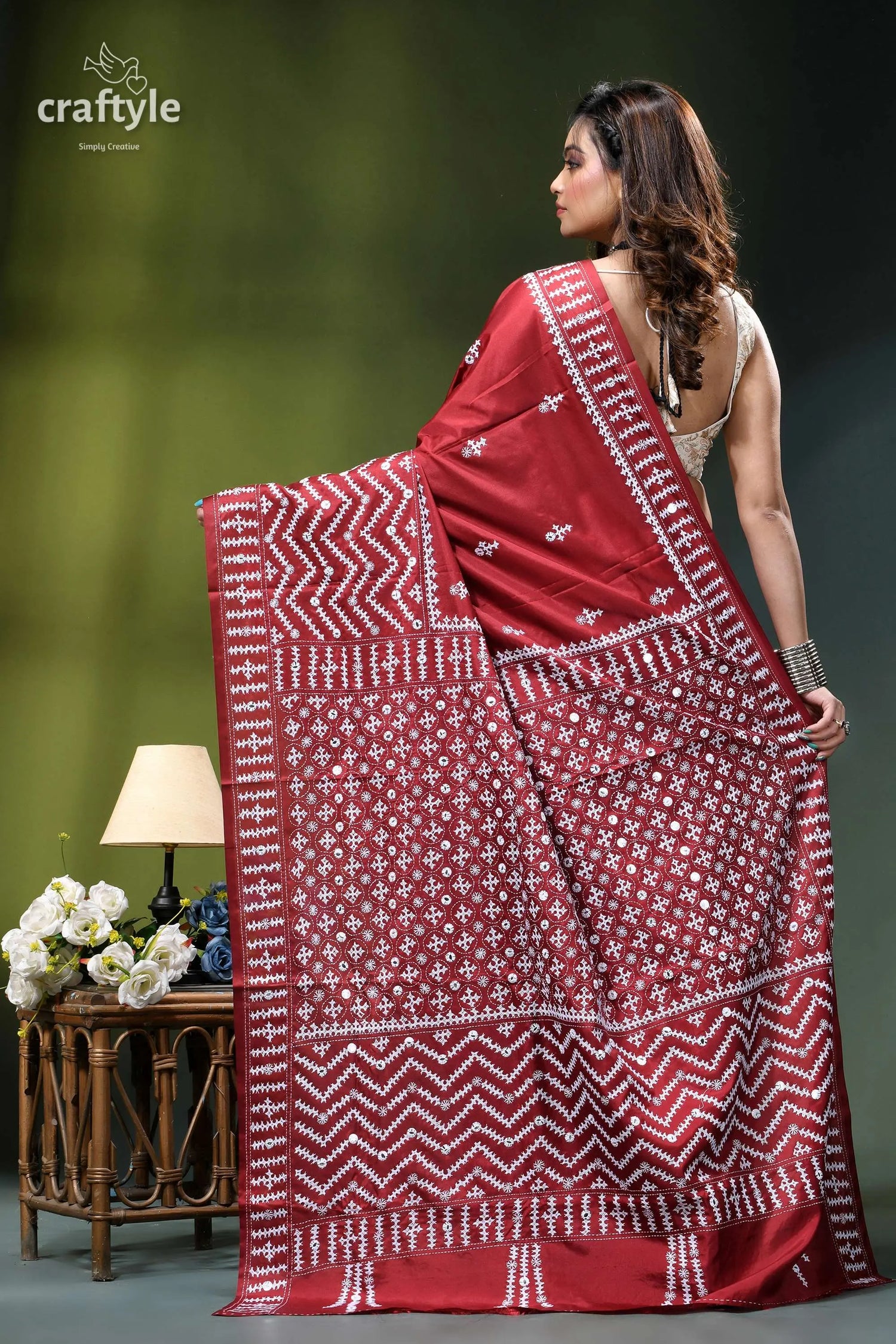 Handcrafted kutch embroidery silk saree in maroon - mirror work rich crimson saree intricate white 4
