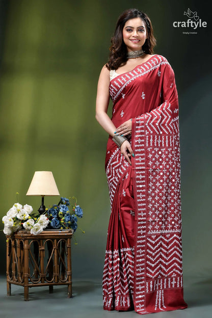 Handcrafted kutch embroidery silk saree in maroon - mirror work rich maroon silk saree adorned 1