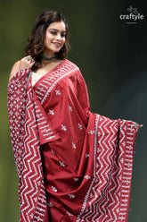 Handcrafted kutch embroidery silk saree in maroon - mirror work rich maroon silk saree adorned 2