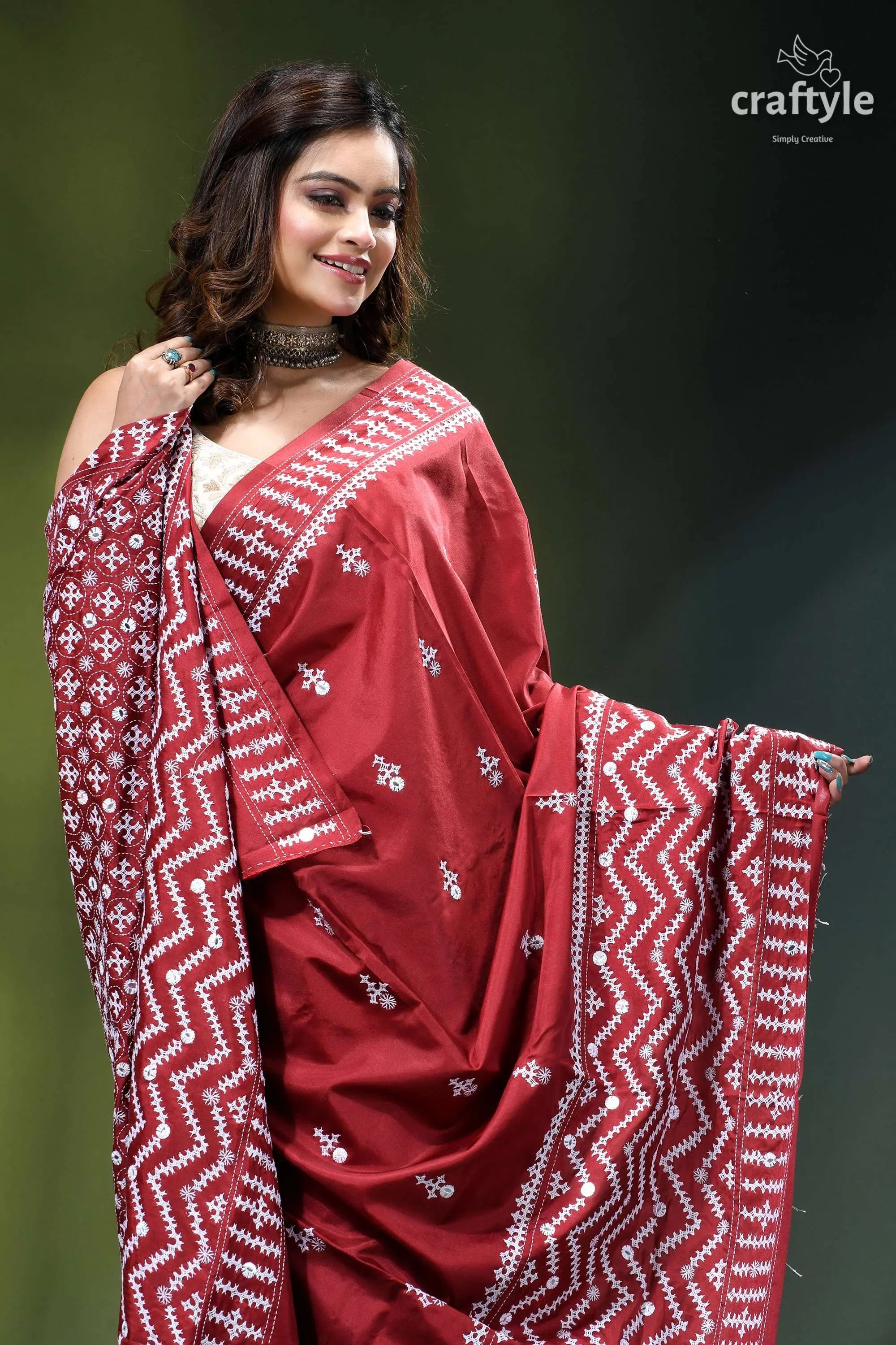 Handcrafted kutch embroidery silk saree in maroon - mirror work rich maroon silk saree adorned 2