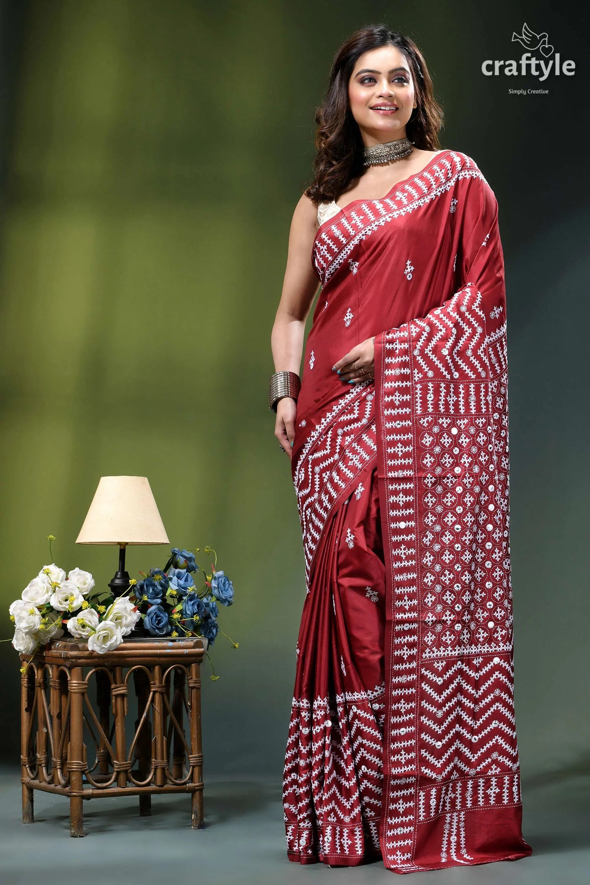 Handcrafted kutch embroidery silk saree in maroon - mirror work rich maroon saree intricate white 6