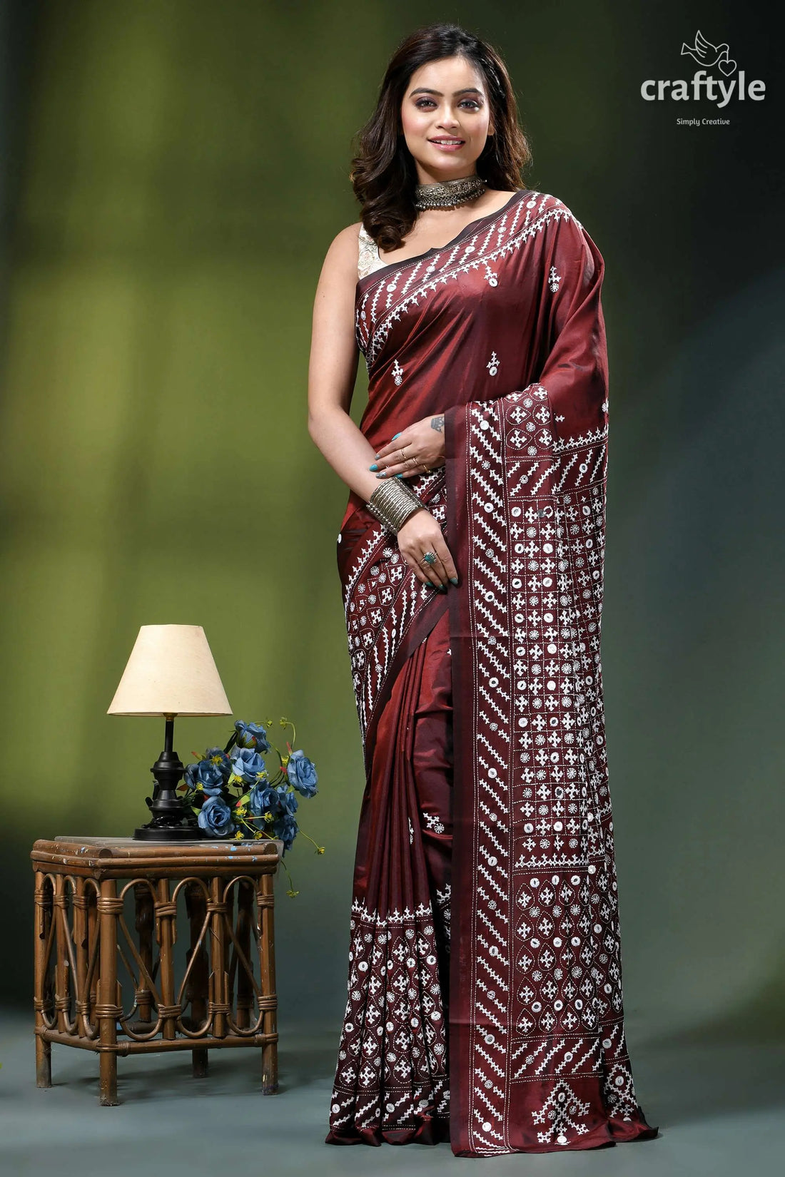 Handcrafted kutch work silk saree in livid brown - mirror maroon silk saree intricate white 1