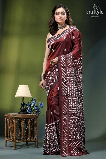 Handcrafted kutch work silk saree in livid brown - mirror maroon silk saree intricate white 6