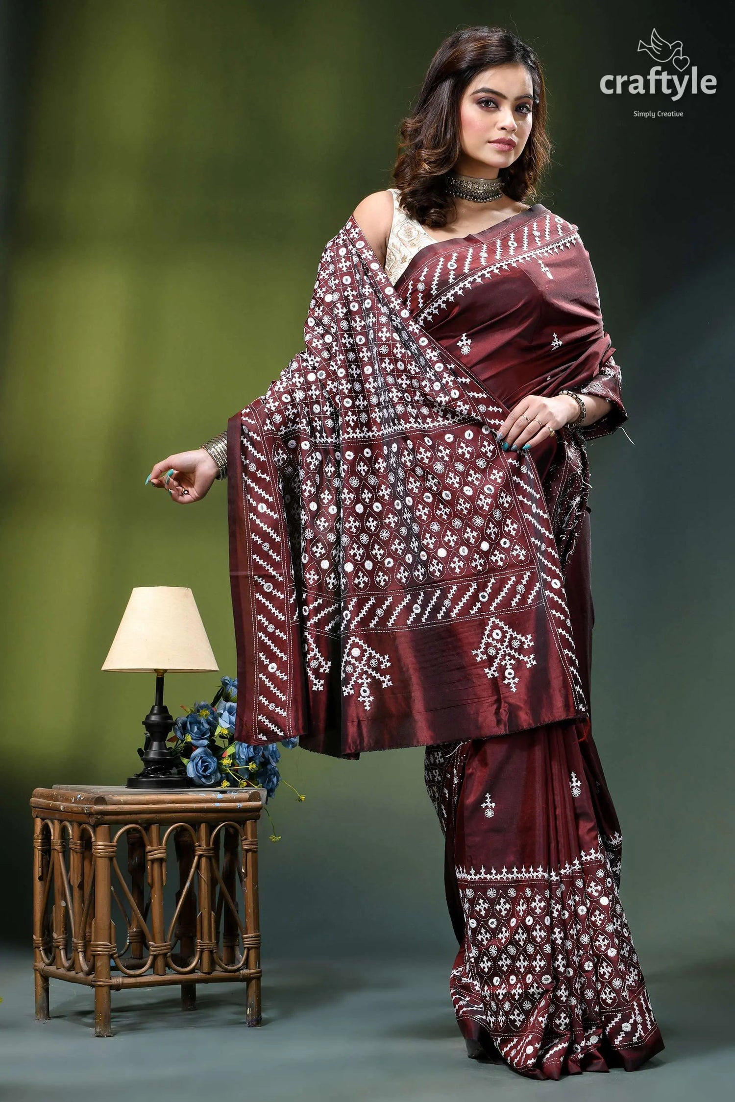 Handcrafted kutch work silk saree in livid brown - mirror maroon silk saree intricate white 4