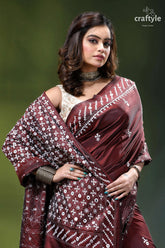 Handcrafted kutch work silk saree in livid brown - mirror maroon silk saree intricate white 2