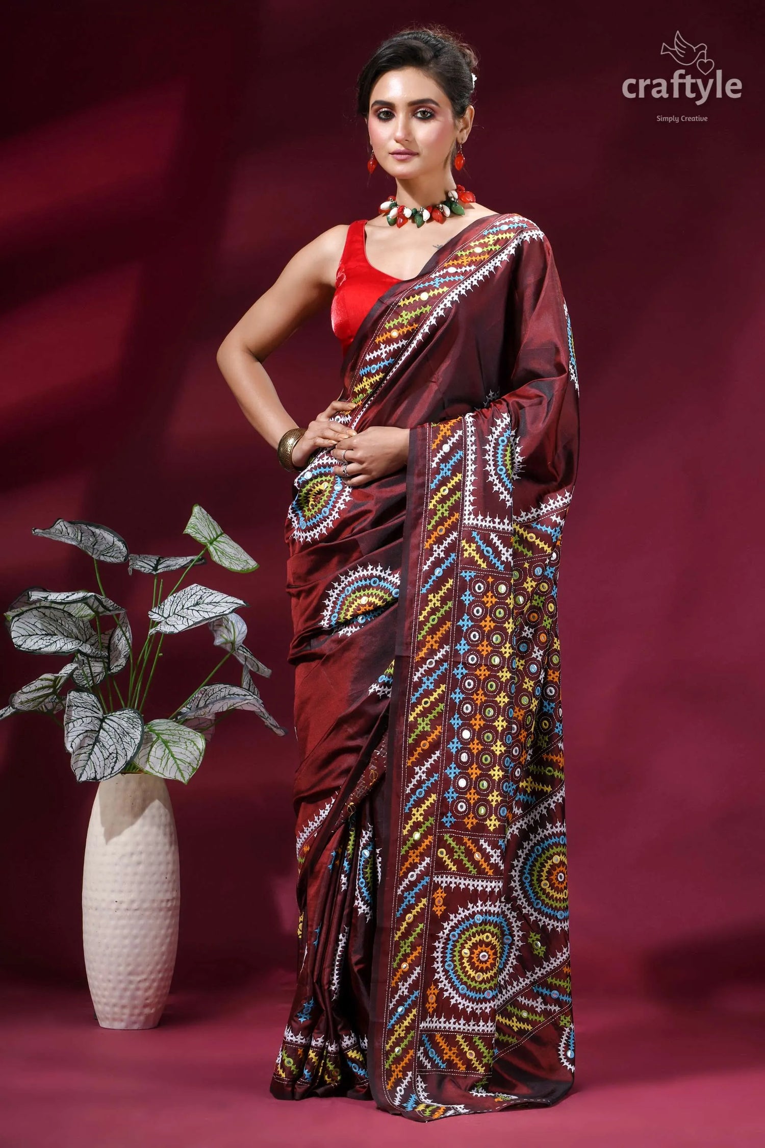 Handcrafted kutch work silk saree in purple brown with mirror maroon silk saree intricate multicolored 4