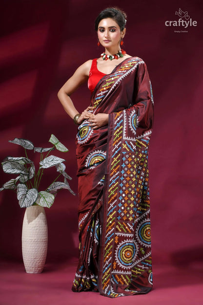 Handcrafted kutch work silk saree in purple brown with mirror maroon silk saree intricate multicolored 4