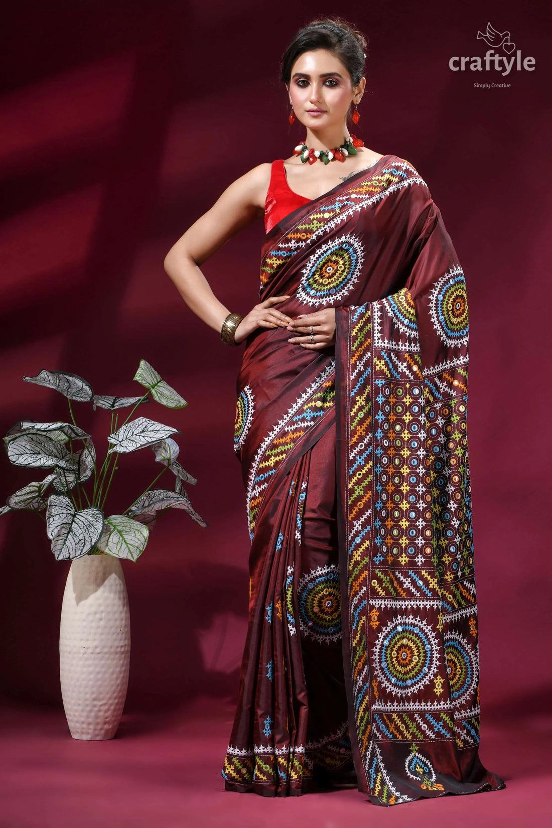 Handcrafted kutch work silk saree in purple brown with mirror maroon silk saree intricate multicolored 1
