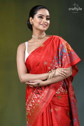 Handcrafted lambani embroidery multi-thread silk saree in red vibrant red silk saree intricate 2