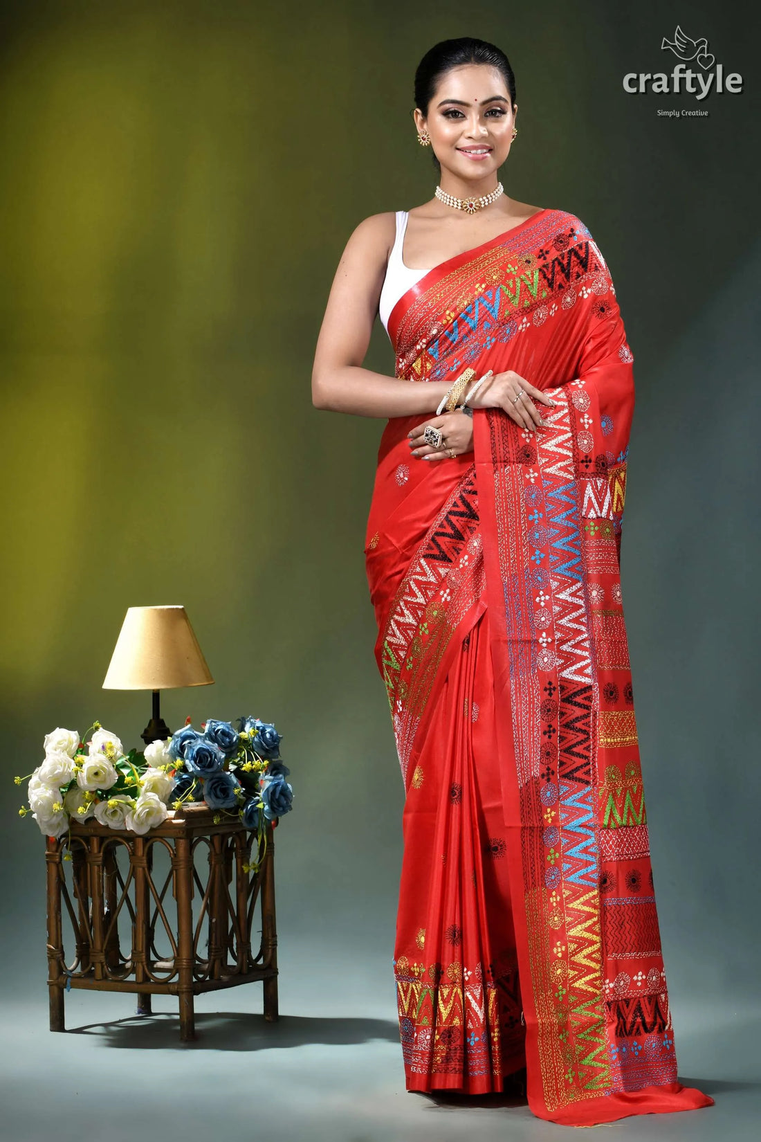 Handcrafted lambani embroidery multi-thread silk saree in red vibrant red saree intricate geometric 1