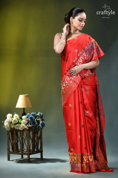Handcrafted lambani embroidery multi-thread silk saree in red vibrant red silk saree adorned 5