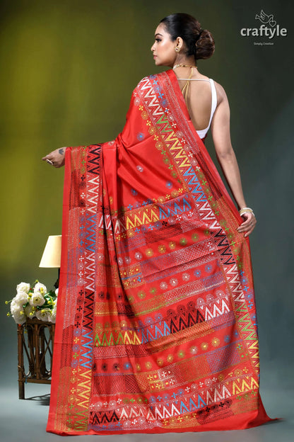 Handcrafted lambani embroidery multi-thread silk saree in red vibrant red traditional saree intricate 6