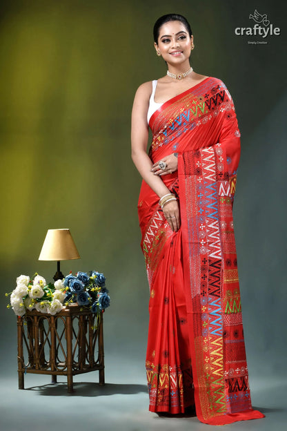 Handcrafted lambani embroidery multi-thread silk saree in red vibrant red saree intricate gold 7