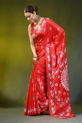 Handcrafted lava red silk kantha saree with mandala floral motif 3