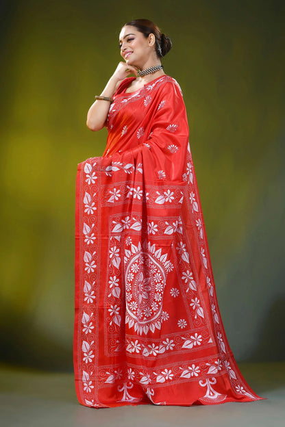 Handcrafted lava red silk kantha saree with mandala floral motif 6