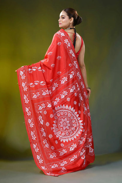 Handcrafted lava red silk kantha saree with mandala floral motif 5