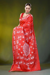 Handcrafted lava red silk kantha saree with mandala floral motif 4