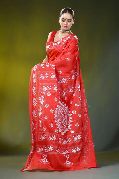 Handcrafted lava red silk kantha saree with mandala floral motif 4