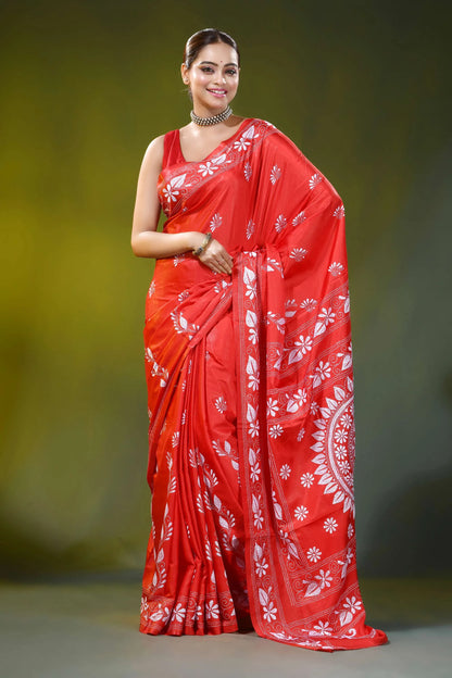 Handcrafted lava red silk kantha saree with mandala floral motif 1
