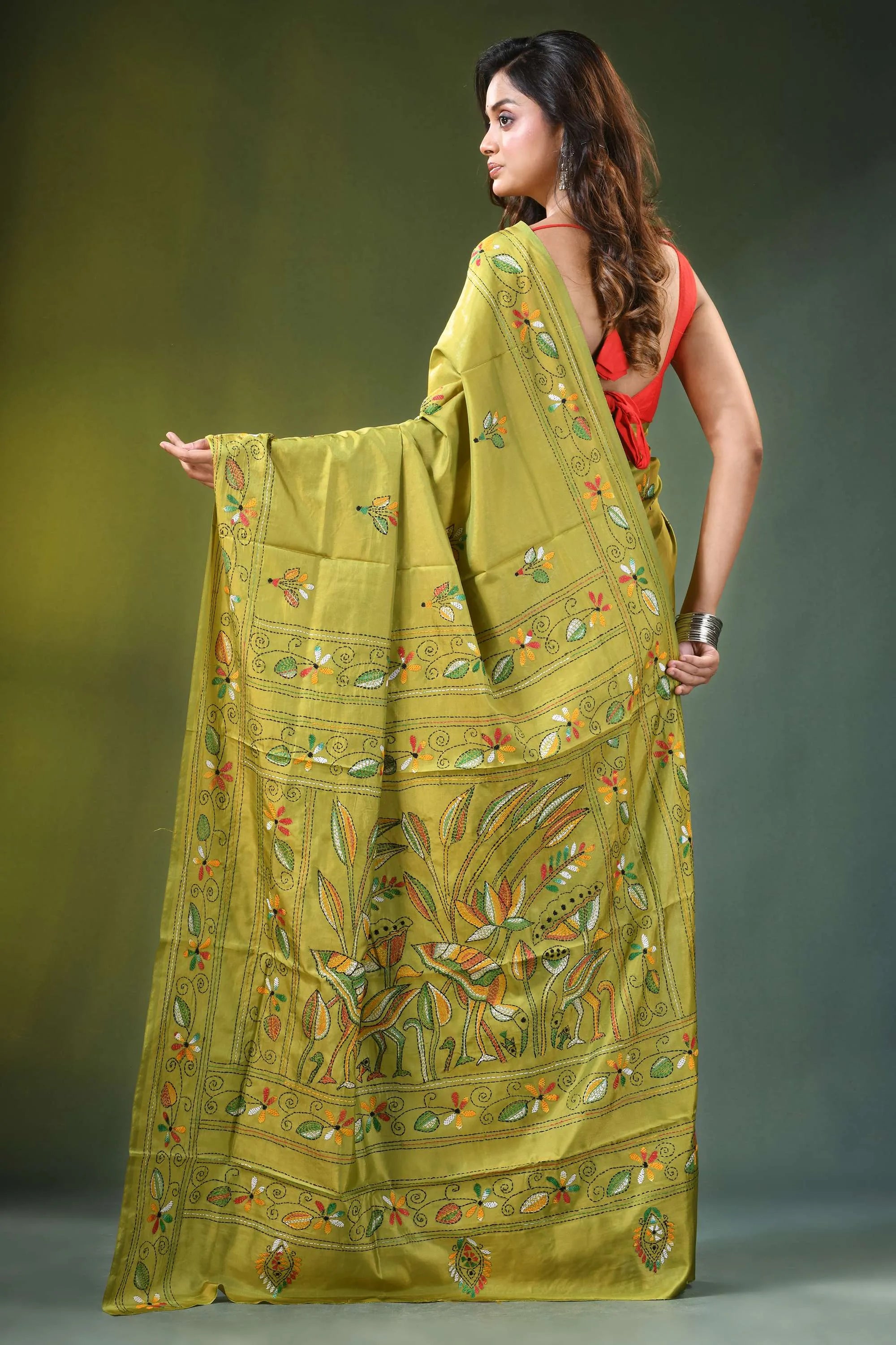 Handcrafted leaf green silk kantha saree with heron and lotus motif vibrant olive-green adorned 5