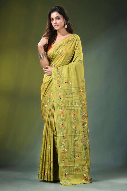 Handcrafted leaf green silk kantha saree with heron and lotus motif vibrant olive-green adorned intricate 6