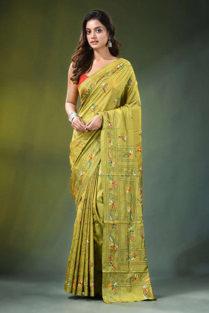 Handcrafted leaf green silk kantha saree with heron and lotus motif vibrant olive-green adorned 1
