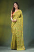 Handcrafted leaf green silk kantha saree with heron and lotus motif vibrant olive-green adorned 1