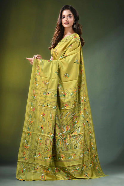 Handcrafted leaf green silk kantha saree with heron and lotus motif vibrant olive-green adorned intricate 3