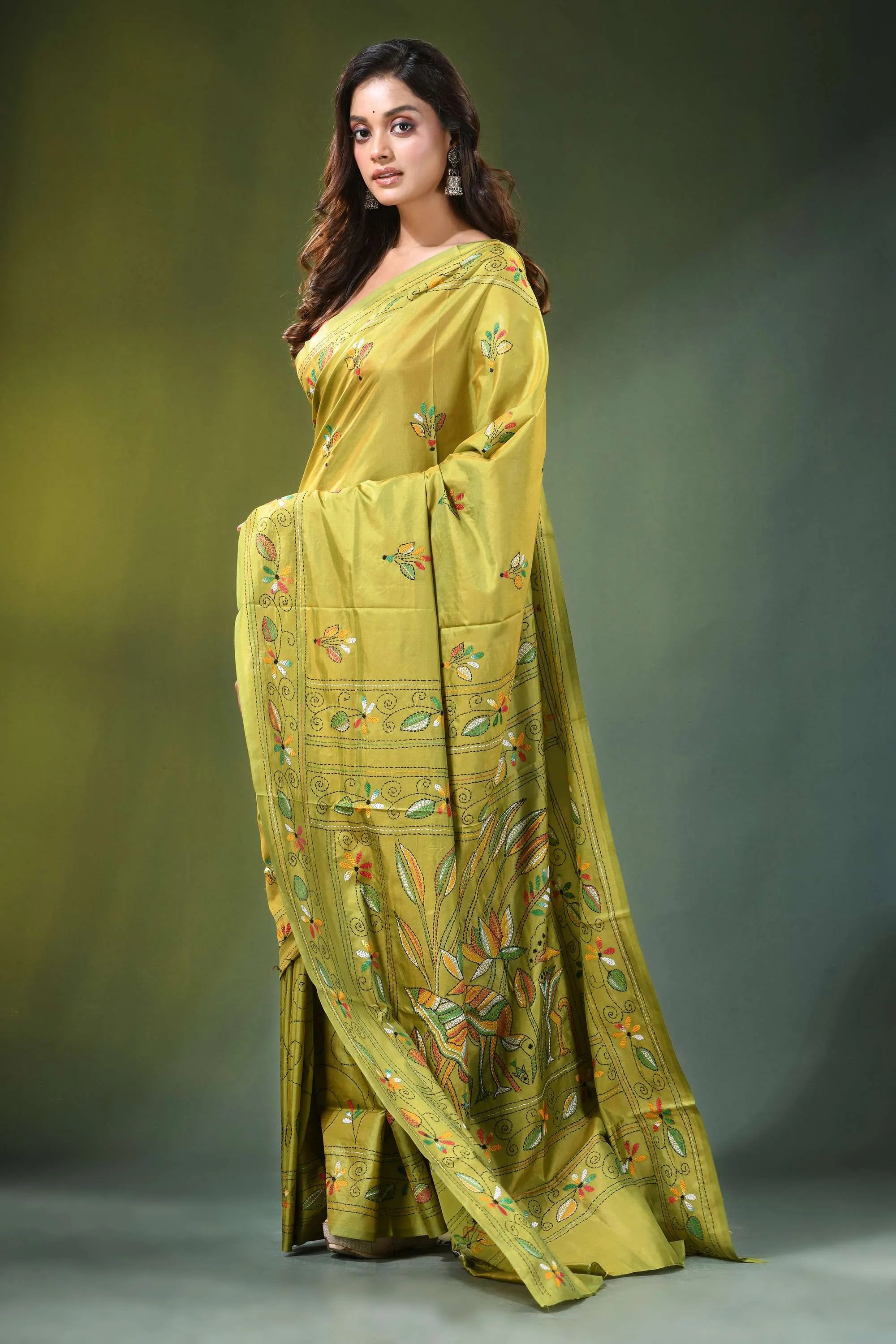 Handcrafted leaf green silk kantha saree with heron and lotus motif vibrant olive-green adorned intricate 4