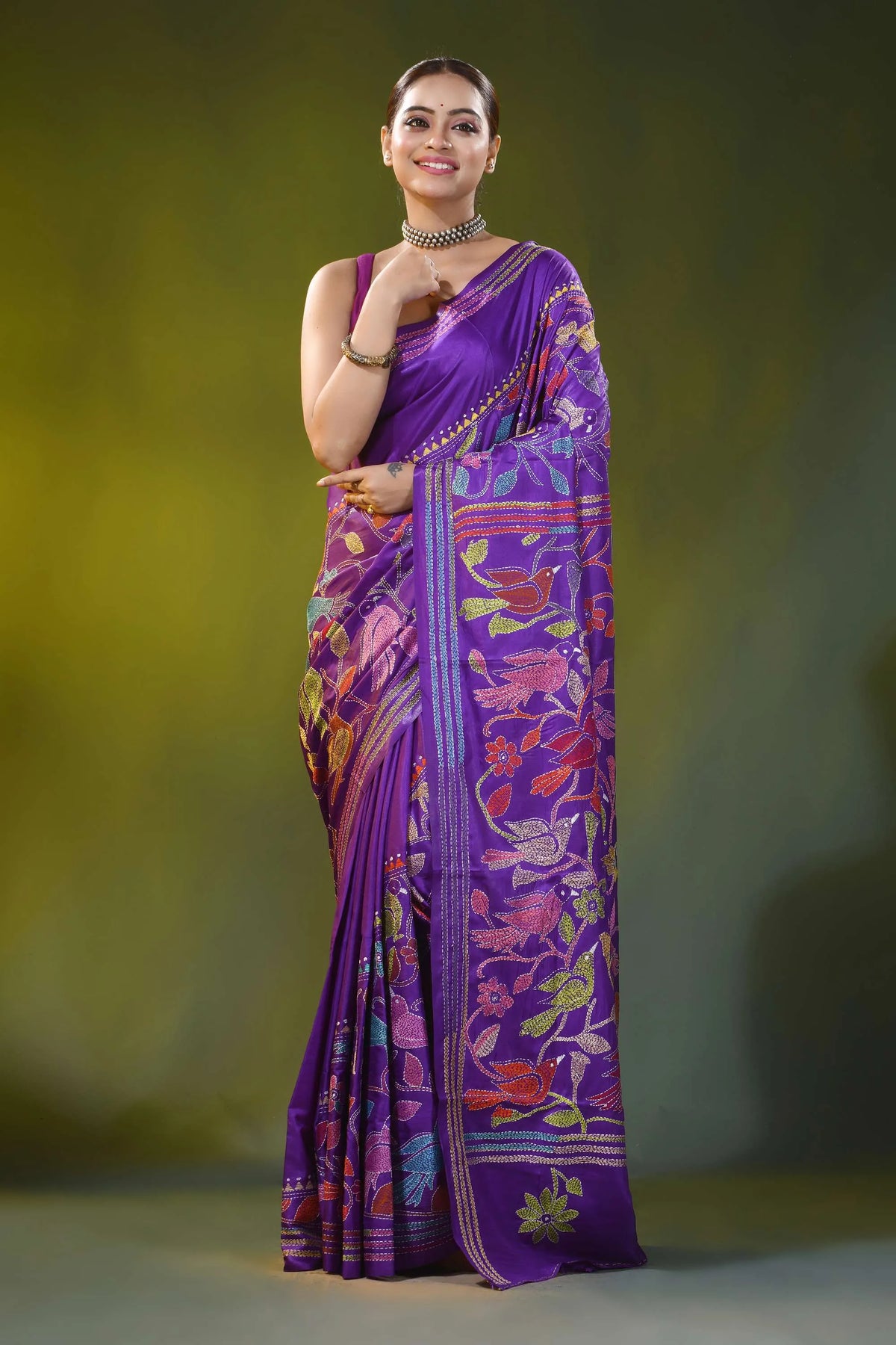 Handcrafted magenta purple silk kantha saree with bird floral motif 6