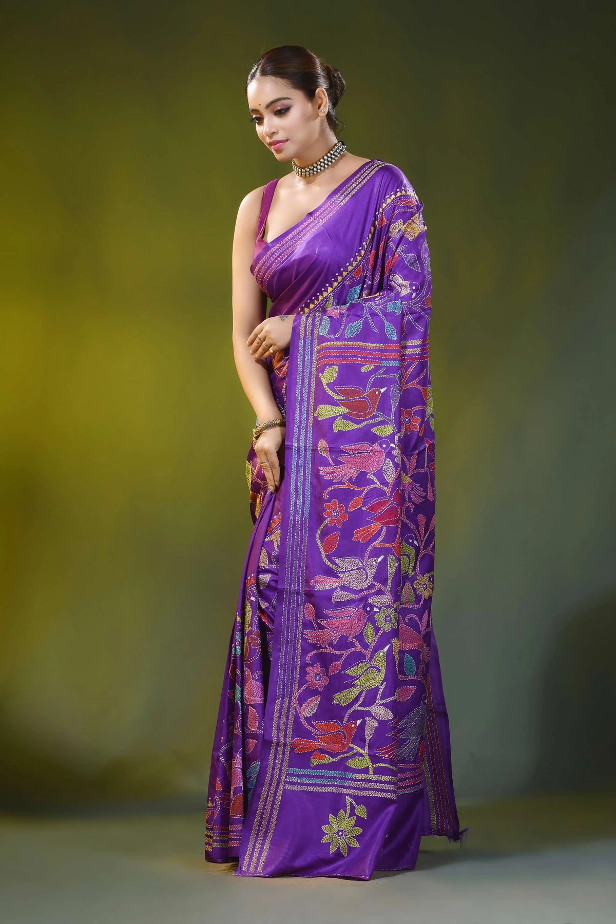 Handcrafted magenta purple silk kantha saree with bird floral motif 3
