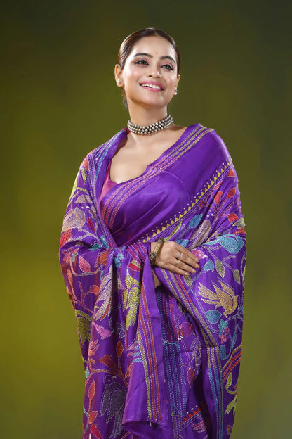Handcrafted magenta purple silk kantha saree with bird floral motif 2