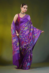 Handcrafted magenta purple silk kantha saree with bird floral motif 4
