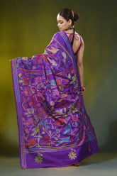Handcrafted magenta purple silk kantha saree with bird floral motif 5
