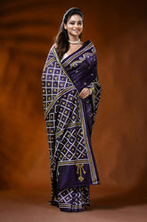 Handcrafted midnight purple gujarati stitch silk saree - ethnic motifs 4