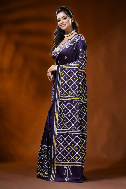 Handcrafted midnight purple gujarati stitch silk saree - ethnic motifs 3