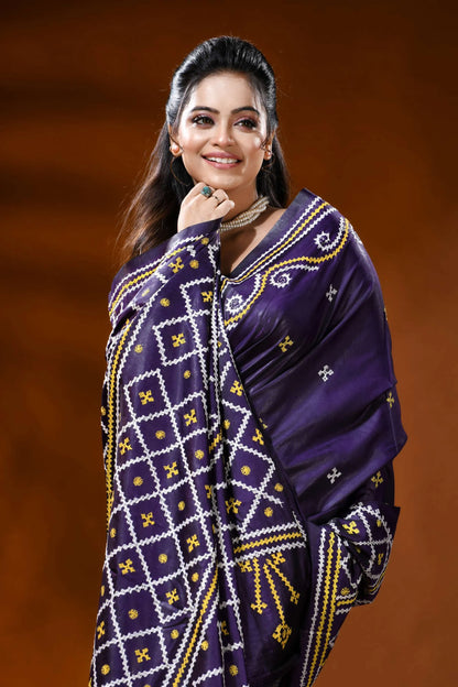 Handcrafted midnight purple gujarati stitch silk saree - ethnic motifs 2