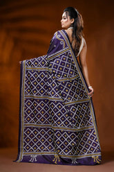 Handcrafted midnight purple gujarati stitch silk saree - ethnic motifs 5