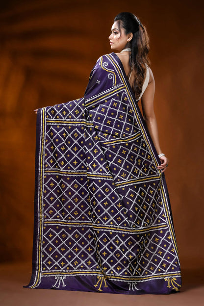 Handcrafted midnight purple gujarati stitch silk saree - ethnic motifs 5