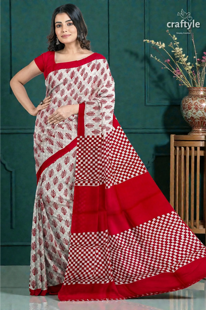 Handcrafted mulberry pure silk saree in sizzling red white block print design 4