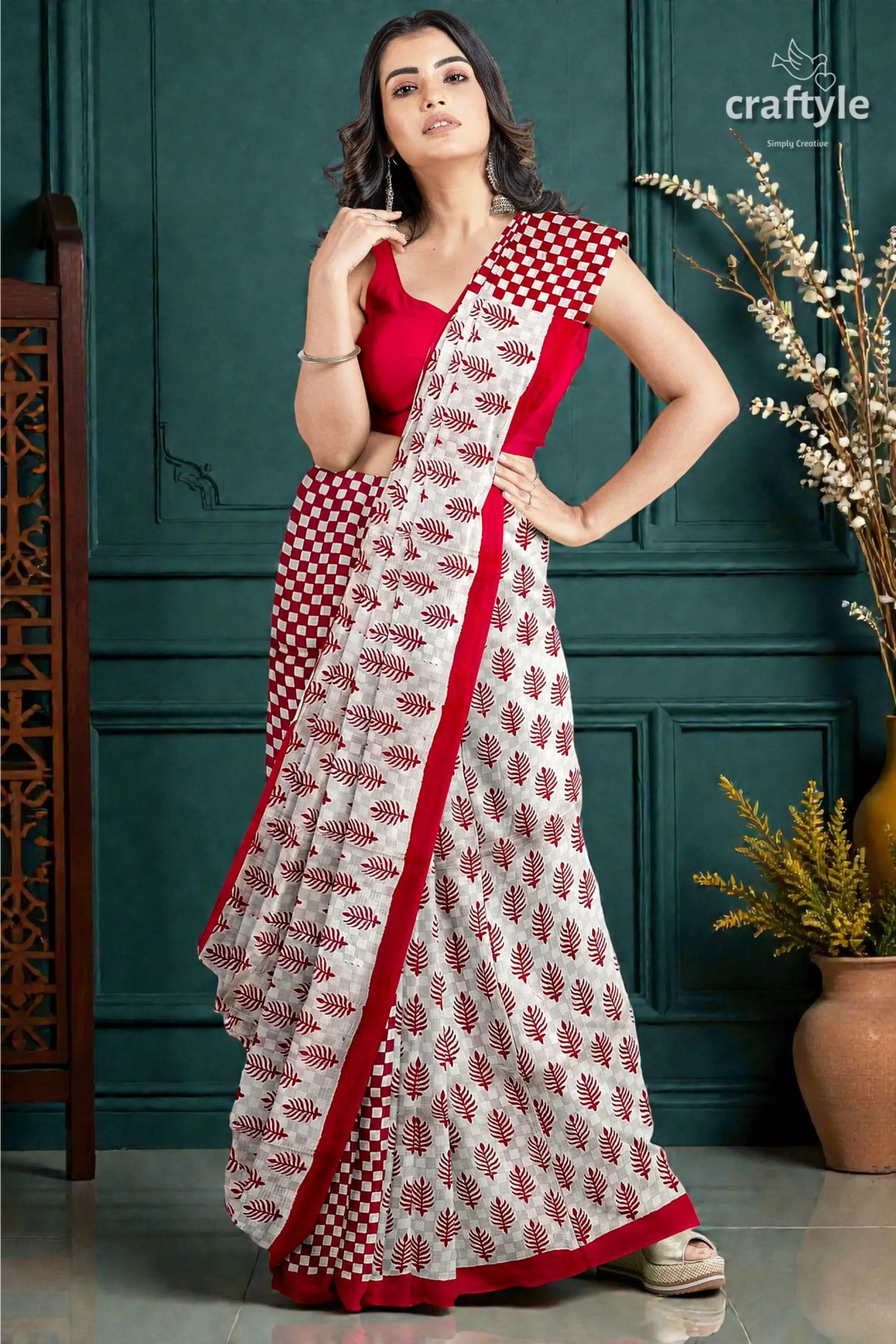 Handcrafted mulberry pure silk saree in sizzling red white block print design 2