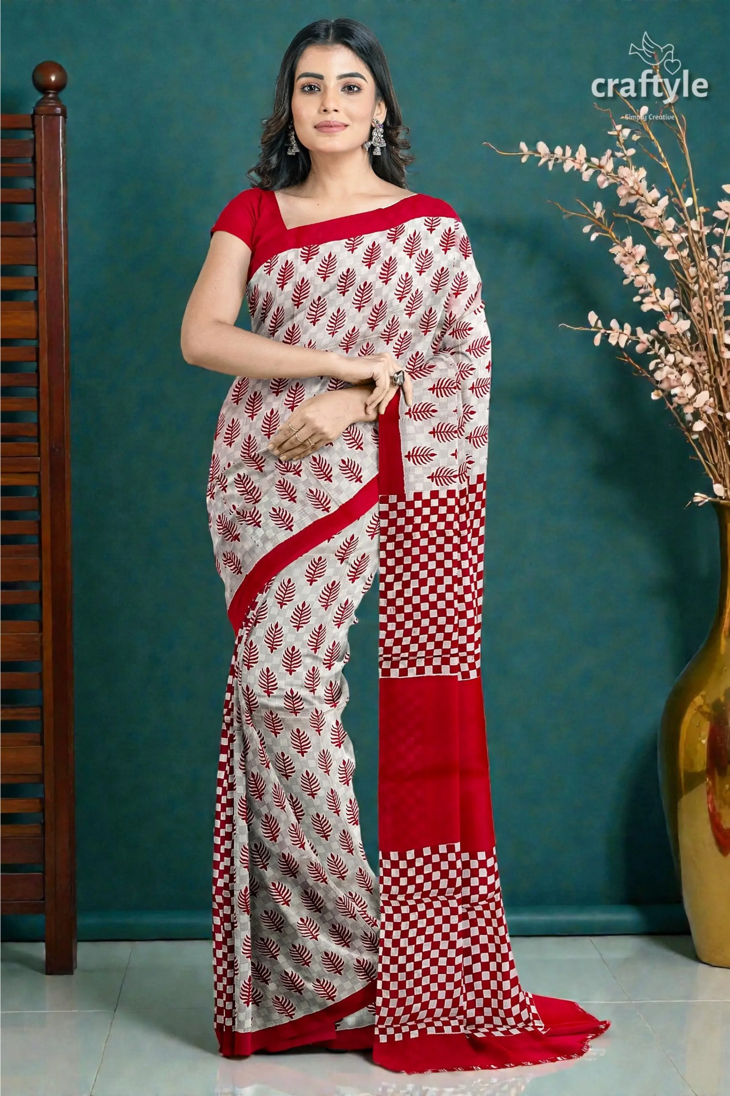 Handcrafted mulberry pure silk saree in sizzling red white block print design 5