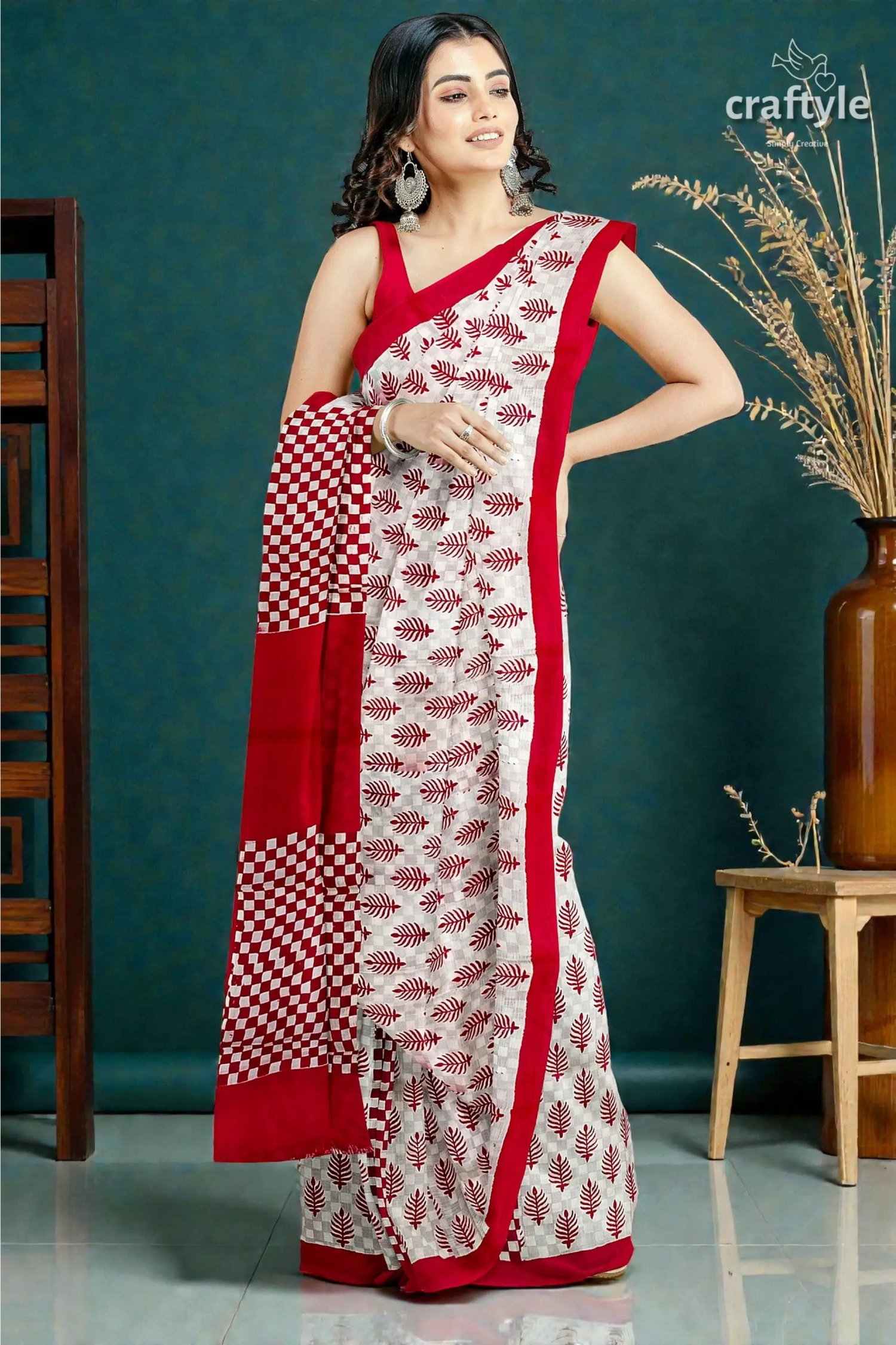 Handcrafted mulberry pure silk saree in sizzling red white block print design 1