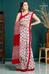 Handcrafted mulberry pure silk saree in sizzling red white block print design 1