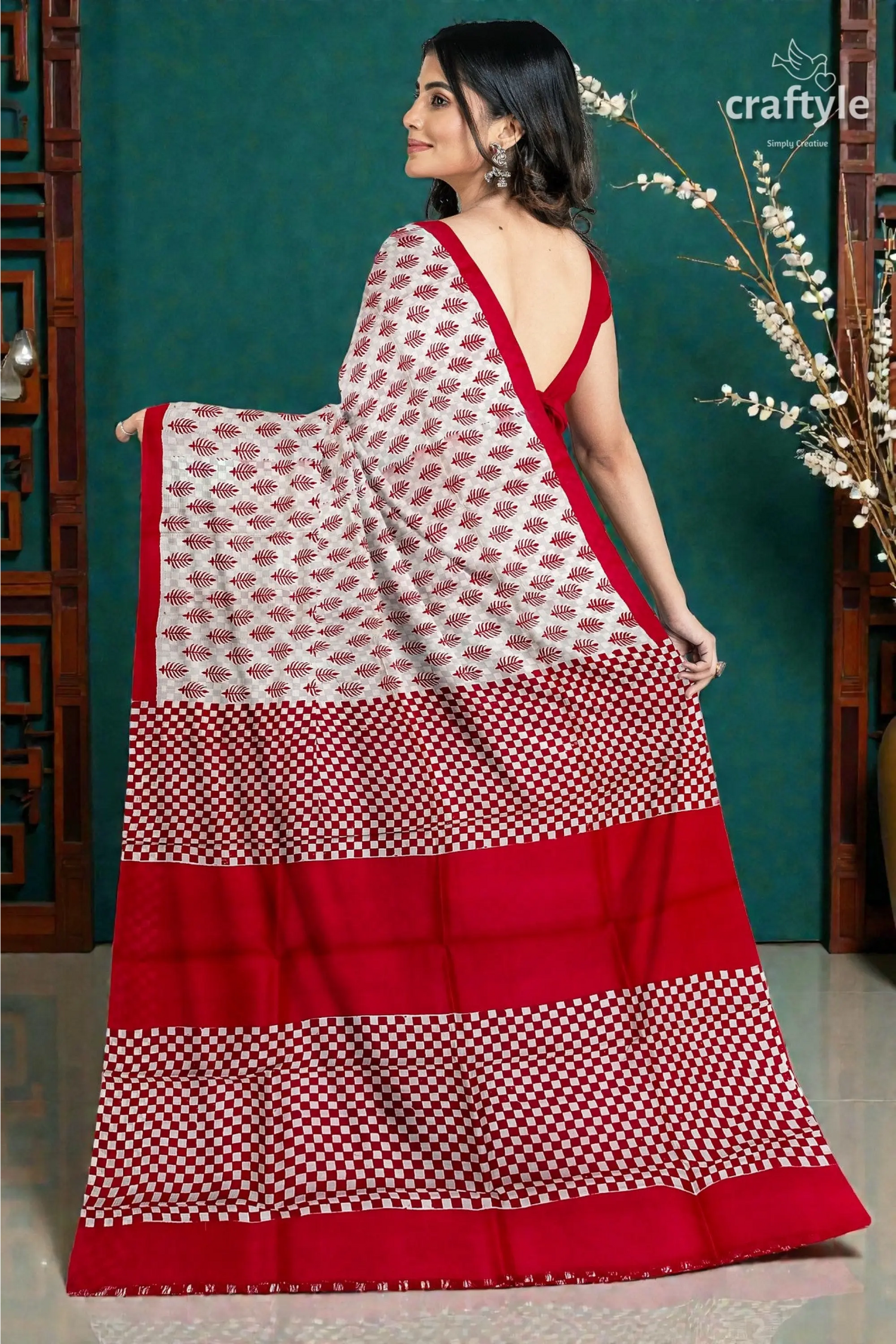 Handcrafted mulberry pure silk saree in sizzling red white block print design 6